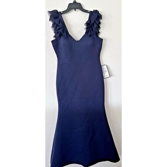 Eliza J Women's Ruffle-Shoulder Mixed-Media V-neck Gown Maxi Dress Navy 12 - Picture 4 of 9